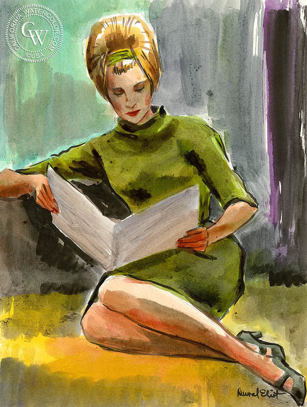 Studying, watercolor painting by Duval Eliot (American art). Original painting and fine art giclée reproduction by California Watercolor for wall decor.