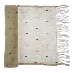 beige linen table runner with black teardrop embroidery.