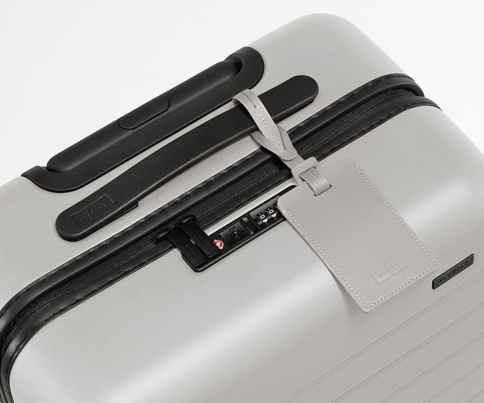The leather luggage tag on top of a matching Away suitcase