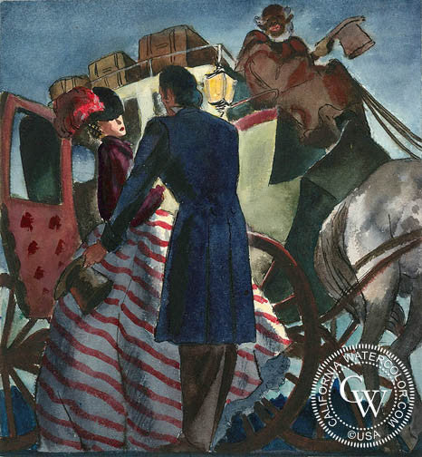 The Waiting Carriage, 1940, watercolor painting by Duval Eliot (American art). Original painting and fine art giclée reproduction by California Watercolor for wall decor.