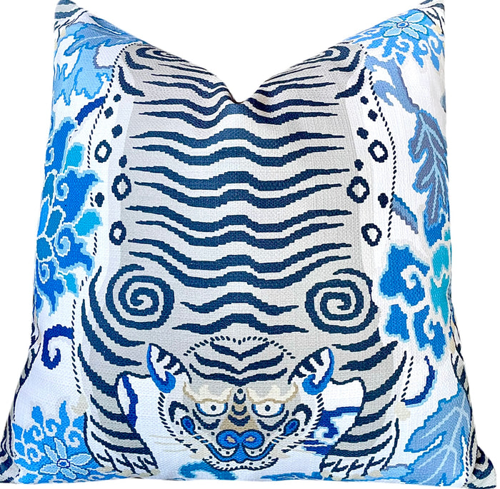 Tiger Floral Pillow Cover in Blue & Grey / Chinoiserie Pillows / Available in 8 Sizes - Annabel Bleu