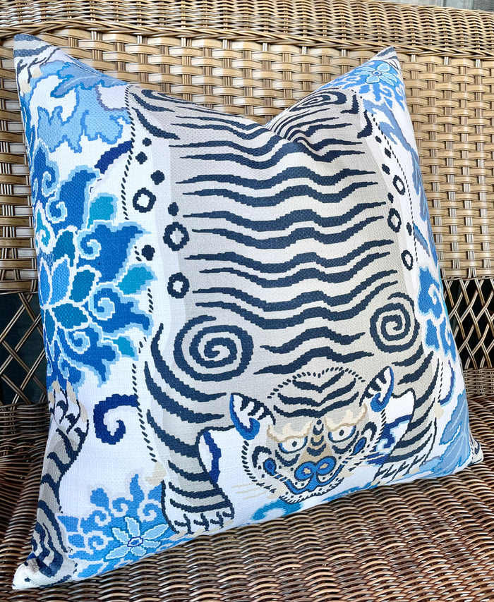 Tiger Floral Pillow Cover in Blue & Grey / Chinoiserie Pillows / Available in 8 Sizes - Annabel Bleu