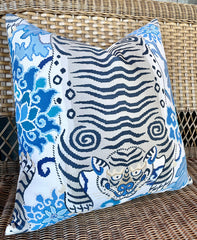 Tiger Floral Pillow Cover in Blue & Grey / Chinoiserie Pillows / Available in 8 Sizes - Annabel Bleu