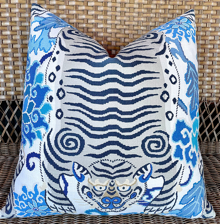 Tiger Floral Pillow Cover in Blue & Grey / Chinoiserie Pillows / Available in 8 Sizes - Annabel Bleu