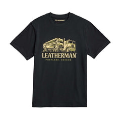 Black Leatherman Timber Tee depicting a timber truck hauling a massive Leatherman multitool on the trailer.