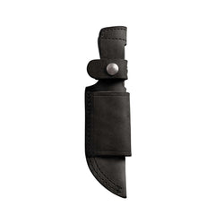 Black leather belt sheath with silver snap closures and reinforced stitching, designed to securely hold a fixed-blade knife.