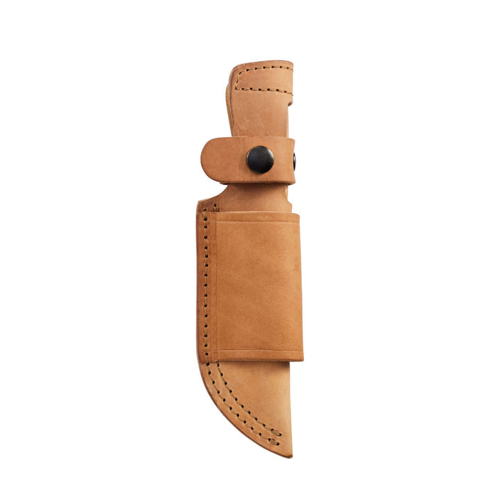 Tan leather belt sheath with black snap closures and reinforced stitching, designed to securely hold a fixed-blade knife.