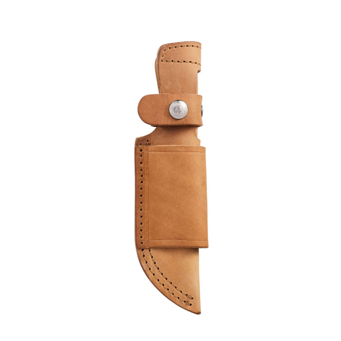 Tan leather belt sheath with silver snap closures and reinforced stitching, designed to securely hold a fixed-blade knife.