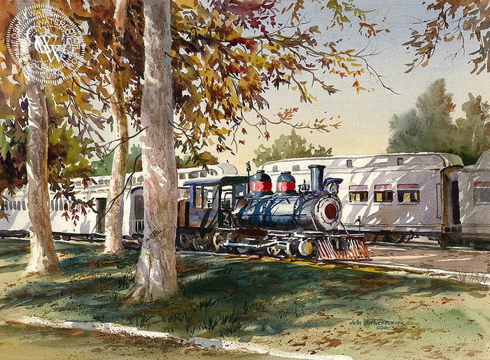 Travel Town, Griffith Park, watercolor painting by John Bohnenberger (American art). Original painting and fine art giclée reproduction by California Watercolor for wall decor.