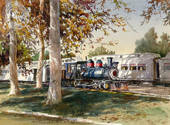 Travel Town, Griffith Park, watercolor painting by John Bohnenberger (American art). Original painting and fine art giclée reproduction by California Watercolor for wall decor.