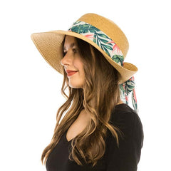 Tropical Print Scarf Pinned Up Back Sun Hat - Boardwalk Style Facesaver Hat Boardwalk Style Hats