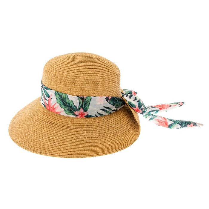 Tropical Print Scarf Pinned Up Back Sun Hat - Boardwalk Style Facesaver Hat Boardwalk Style Hats