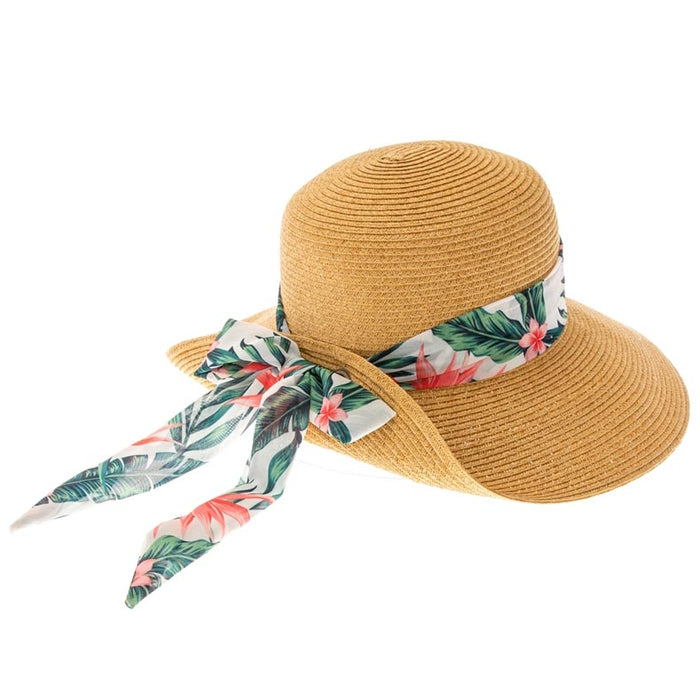 Tropical Print Scarf Pinned Up Back Sun Hat - Boardwalk Style Facesaver Hat Boardwalk Style Hats