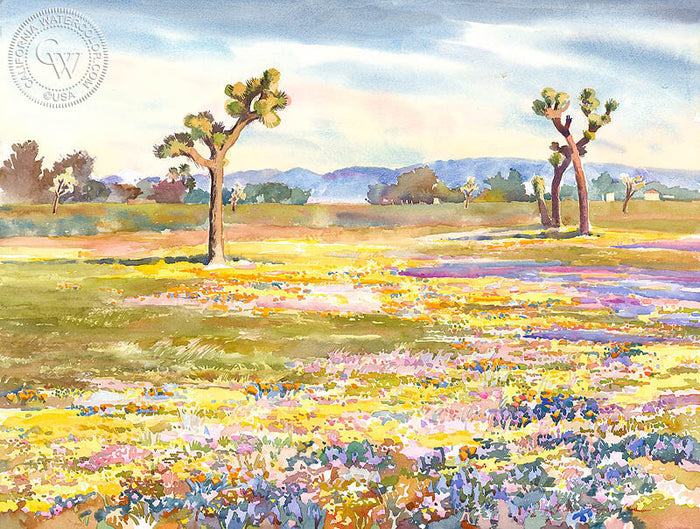 Vibrant Desert Bloom, watercolor painting by Glen Knowles (American art). Original painting and fine art giclée reproduction by California Watercolor for wall decor.