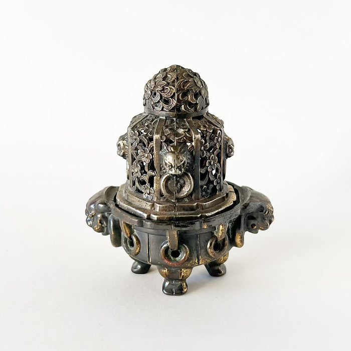 Vintage Foo Dog & Flowers Curiosity Metal Incense Burner Made in Japan