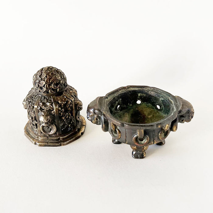 Vintage Foo Dog & Flowers Curiosity Metal Incense Burner Made in Japan