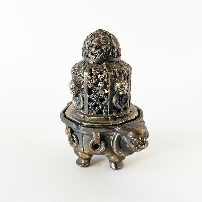 Vintage Foo Dog & Flowers Curiosity Metal Incense Burner Made in Japan