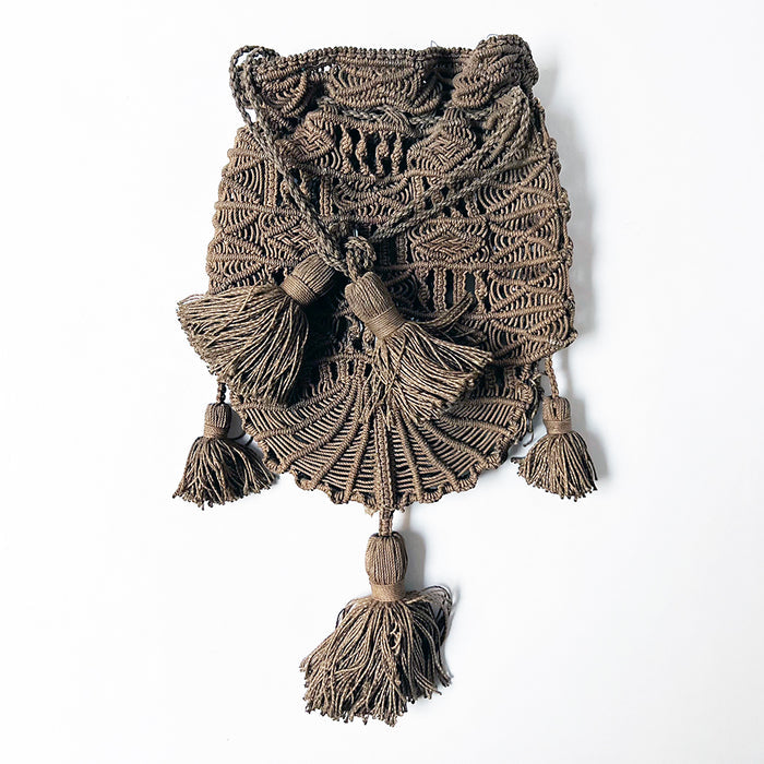 Vintage Macrame Drawstring Pouch Purse with Tassels