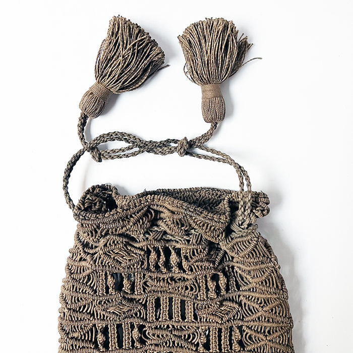 Vintage Macrame Drawstring Pouch Purse with Tassels