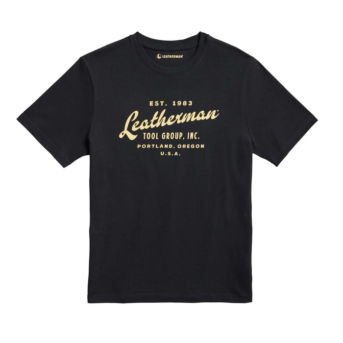 Front of the black Leatherman Vintage tee showcasing 'Leatherman' in a cursive font. Established 1983 in Portland, Oregon USA.