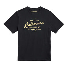 Front of the black Leatherman Vintage tee showcasing 'Leatherman' in a cursive font. Established 1983 in Portland, Oregon USA.