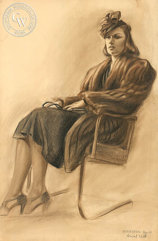 Waiting at the Station, 1938, charcoal painting by Duval Eliot (American art). Original charcoal art by California Watercolor for wall decor.