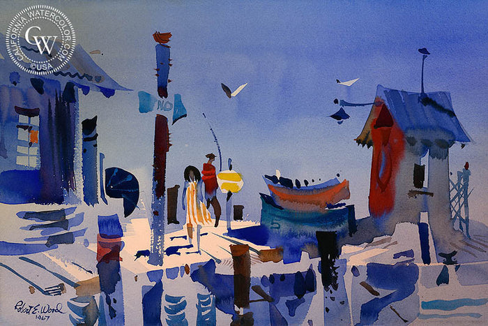 Wharf Scene, 1967, watercolor painting by Robert E. Wood (American art). Original painting and fine art giclée reproduction by California Watercolor for wall decor.