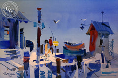 Wharf Scene, 1967, watercolor painting by Robert E. Wood (American art). Original painting and fine art giclée reproduction by California Watercolor for wall decor.