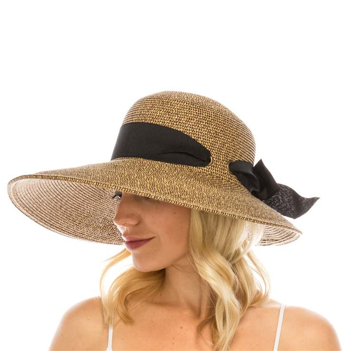Wide Asymmetrical Brim Summer Hat with Bow - Boardwalk Style Wide Brim Hat Boardwalk Style Hats