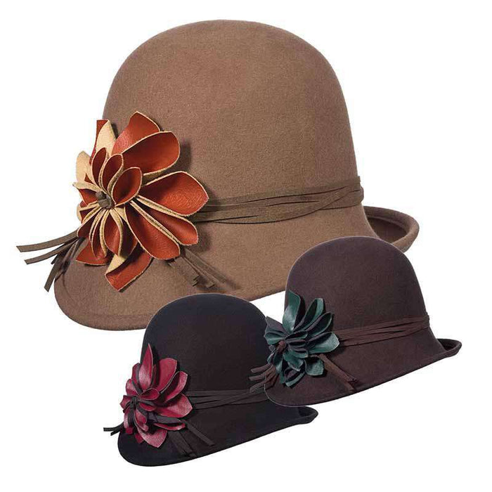 Wool Felt Asymmetrical Cloche with Leatherette Flower - Scala Hats Cloche Scala Hats