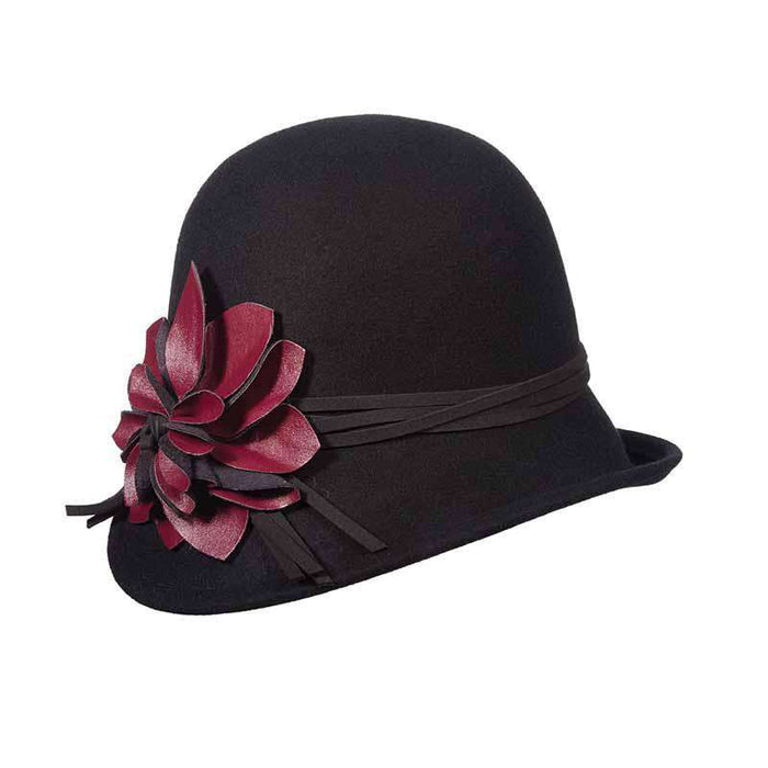 Wool Felt Asymmetrical Cloche with Leatherette Flower - Scala Hats Cloche Scala Hats LF169BK Black