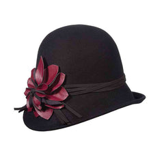 Wool Felt Asymmetrical Cloche with Leatherette Flower - Scala Hats Cloche Scala Hats LF169BK Black