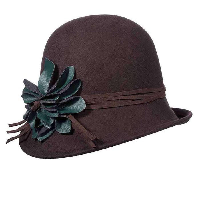 Wool Felt Asymmetrical Cloche with Leatherette Flower - Scala Hats Cloche Scala Hats LF169CH Chocolate