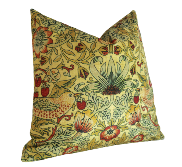 Yellow William Morris "Strawberry Thief" Velvet Pillow Cover - Annabel Bleu