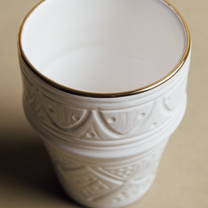Zagora White Cup - Moroccan Dinnerware Adorned with 12 Carat Gold Accents - Benisouk