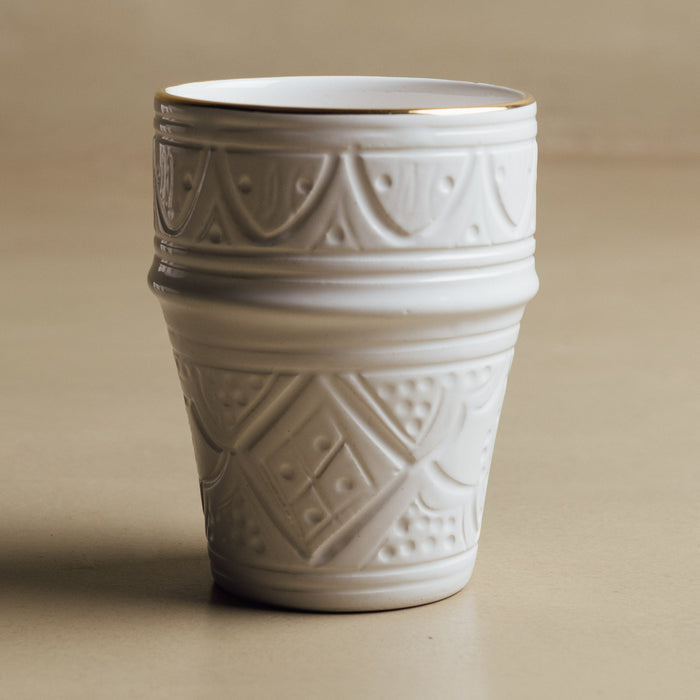 Zagora White Cup - Moroccan Dinnerware Adorned with 12 Carat Gold Accents - Benisouk